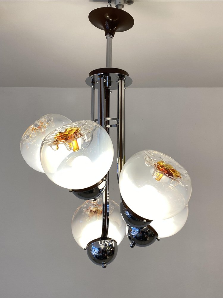 Italian Five-Flame Ceiling Lamp with Glass-Drop Balls by Tony Zuccheri for Mazzega, 1970s