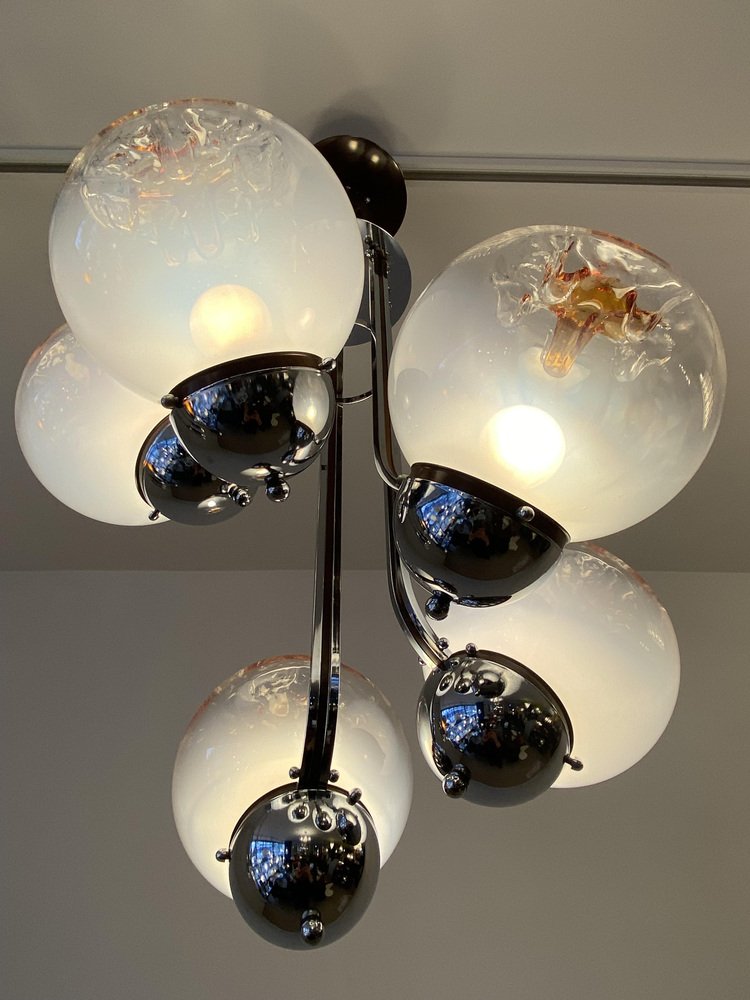 Italian Five-Flame Ceiling Lamp with Glass-Drop Balls by Tony Zuccheri for Mazzega, 1970s