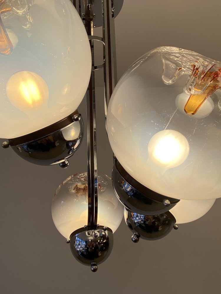 Italian Five-Flame Ceiling Lamp with Glass-Drop Balls by Tony Zuccheri for Mazzega, 1970s