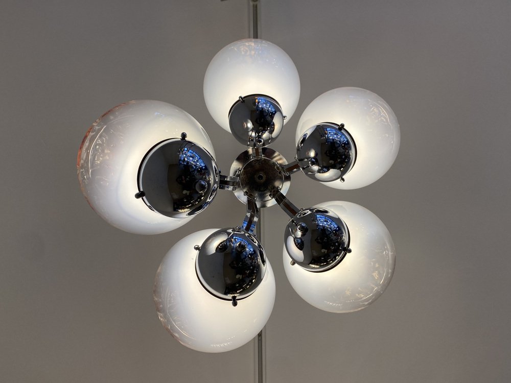 Italian Five-Flame Ceiling Lamp with Glass-Drop Balls by Tony Zuccheri for Mazzega, 1970s