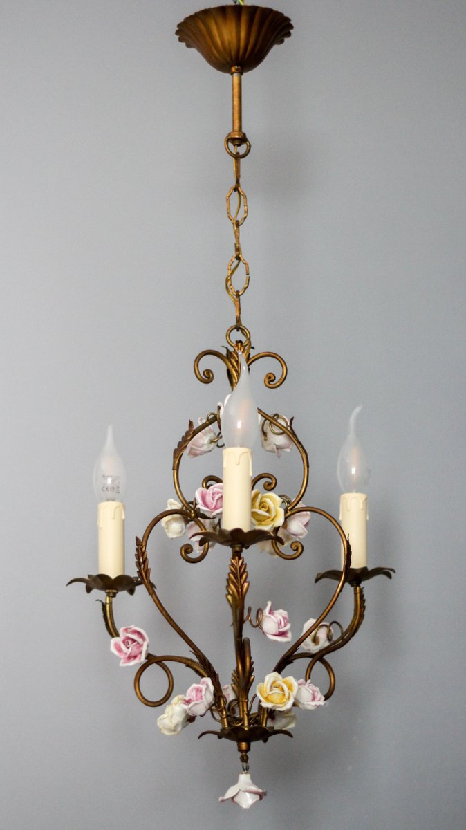 Italian Florentine Golden Metal Three-Light Chandelier with Porcelain Roses, 1970s