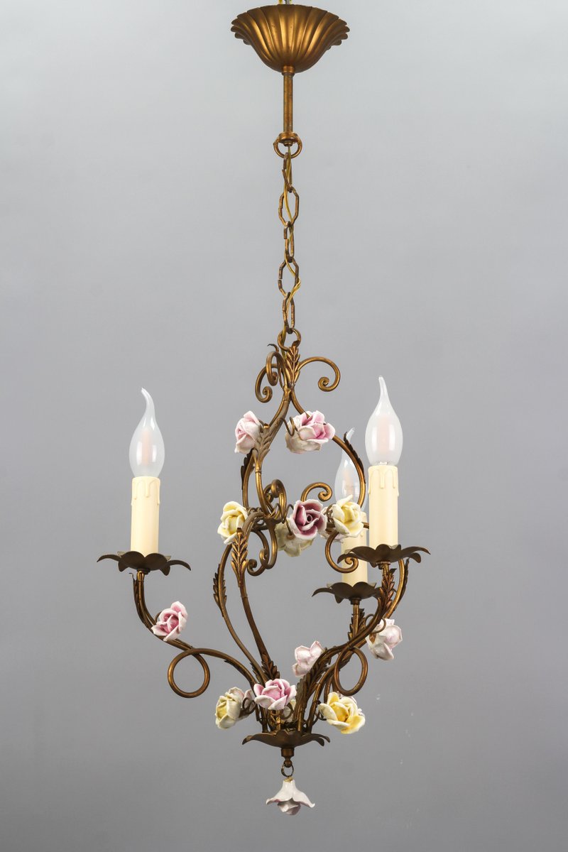 Italian Florentine Golden Metal Three-Light Chandelier with Porcelain Roses, 1970s