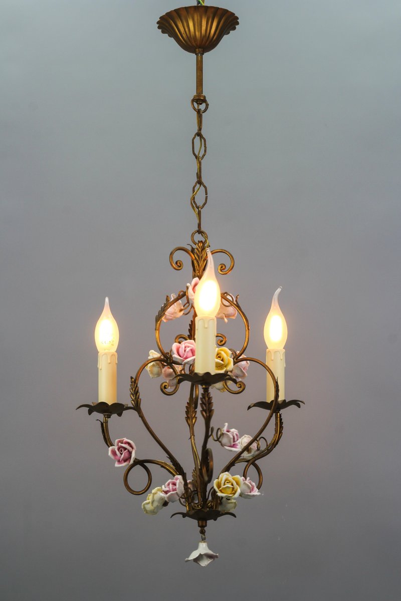 Italian Florentine Golden Metal Three-Light Chandelier with Porcelain Roses, 1970s