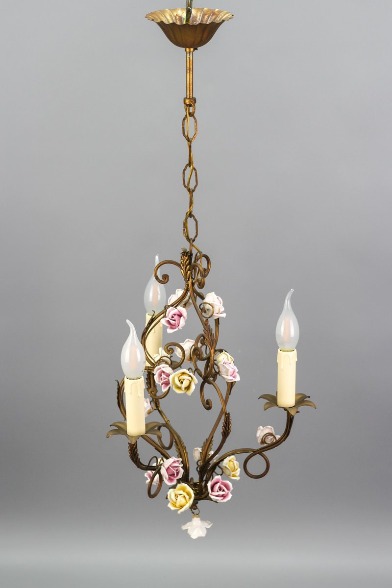 Italian Florentine Golden Metal Three-Light Chandelier with Porcelain Roses, 1970s