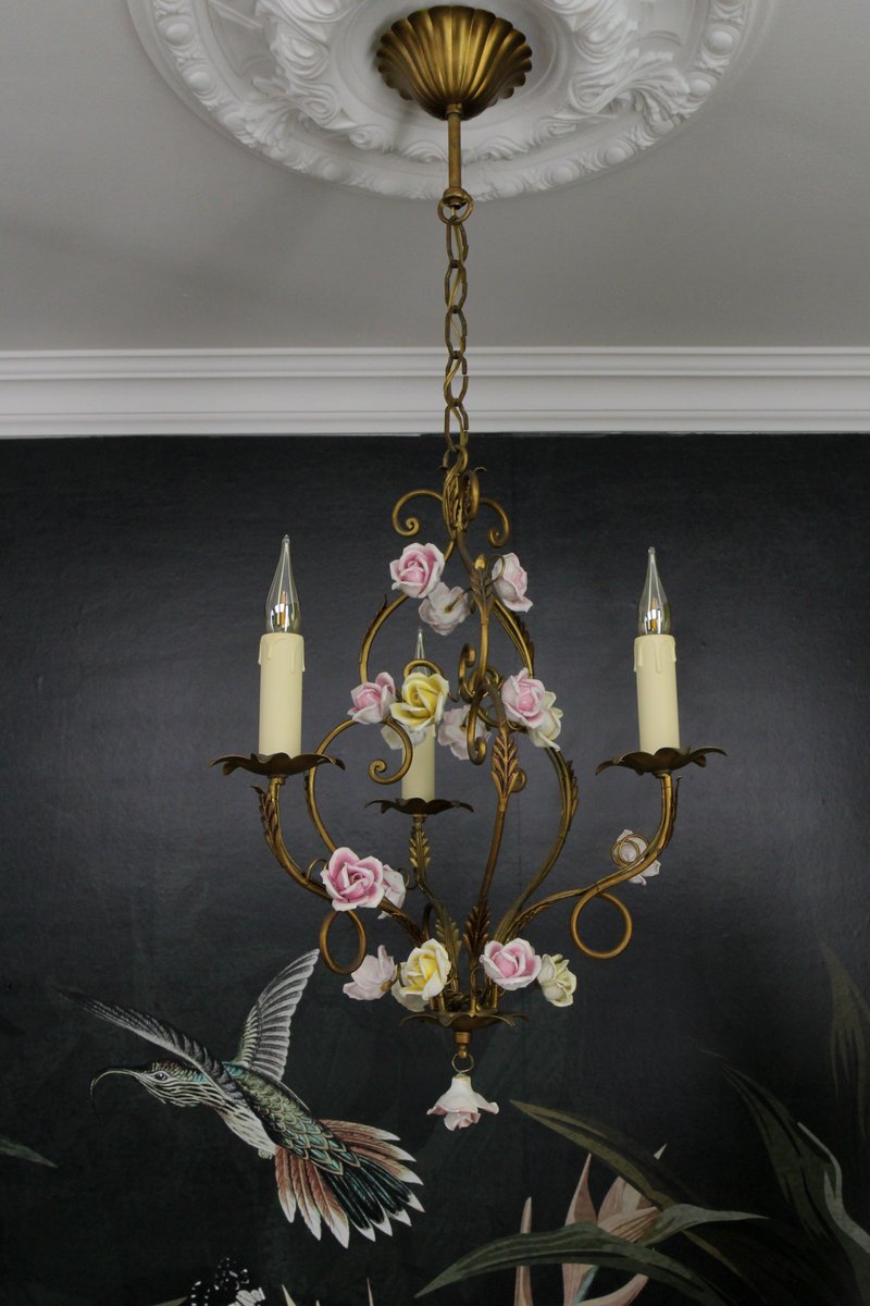 Italian Florentine Golden Metal Three-Light Chandelier with Porcelain Roses, 1970s