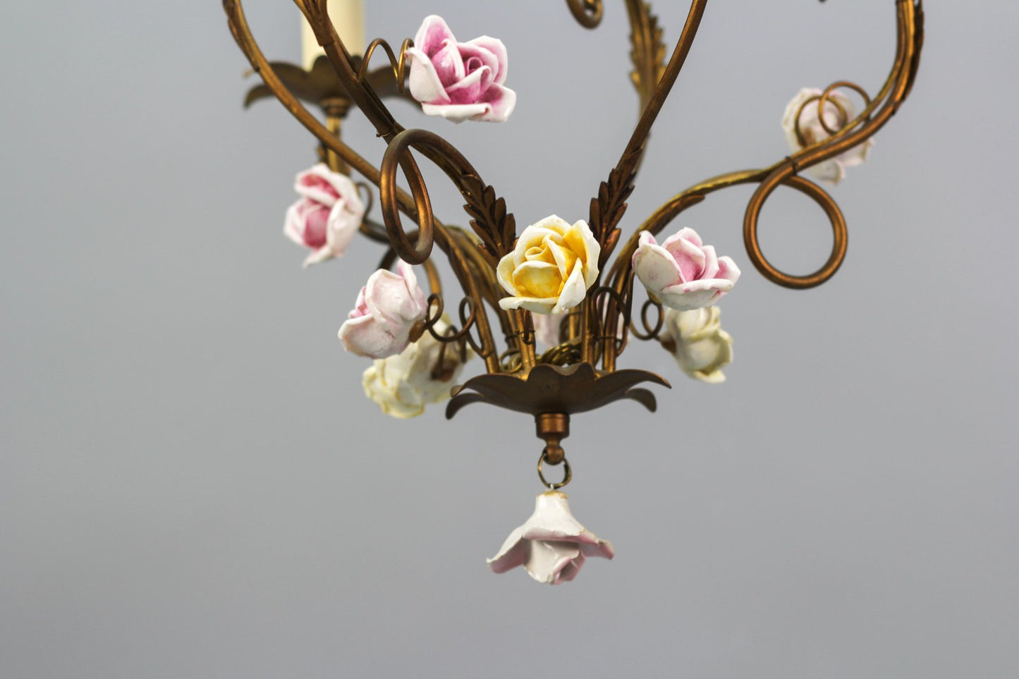 Italian Florentine Golden Metal Three-Light Chandelier with Porcelain Roses, 1970s