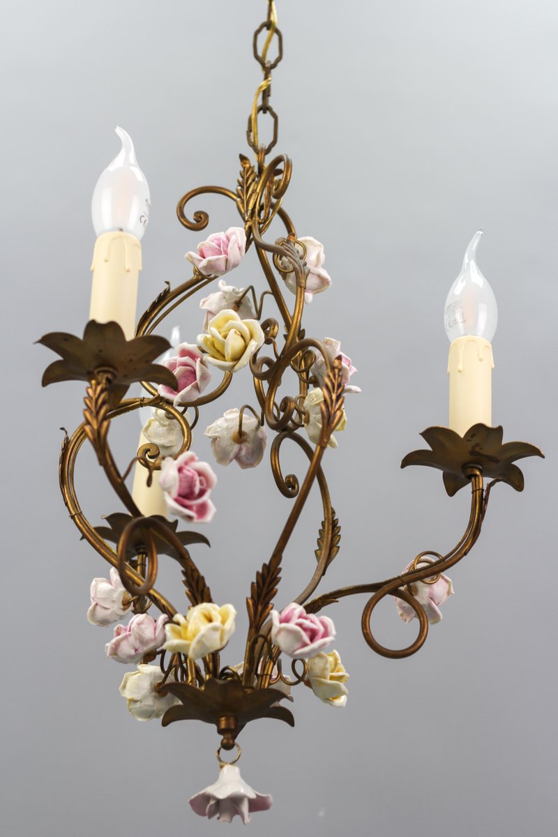 Italian Florentine Golden Metal Three-Light Chandelier with Porcelain Roses, 1970s