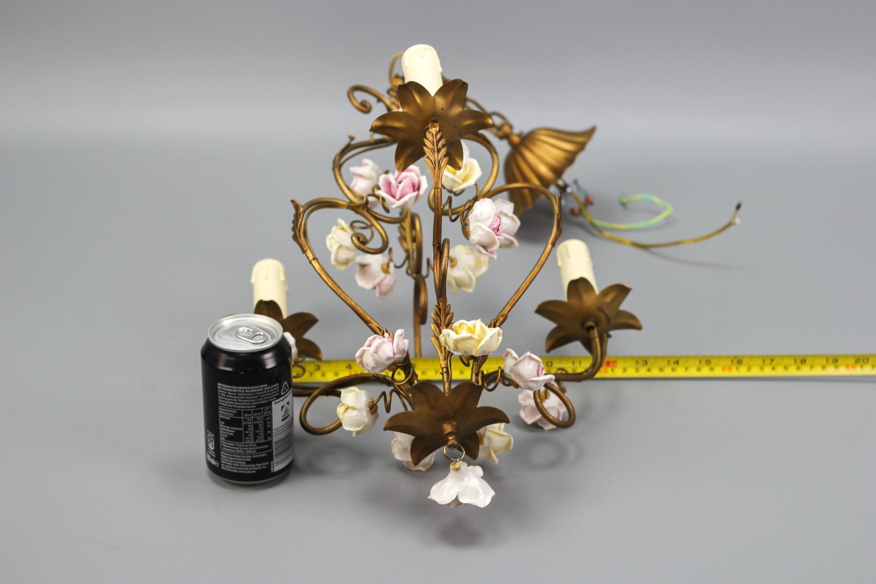 Italian Florentine Golden Metal Three-Light Chandelier with Porcelain Roses, 1970s