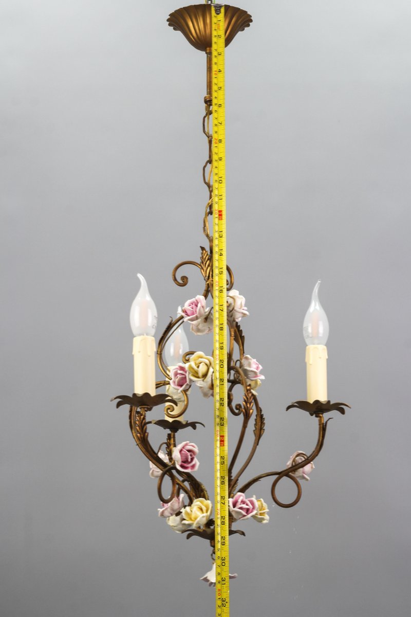 Italian Florentine Golden Metal Three-Light Chandelier with Porcelain Roses, 1970s