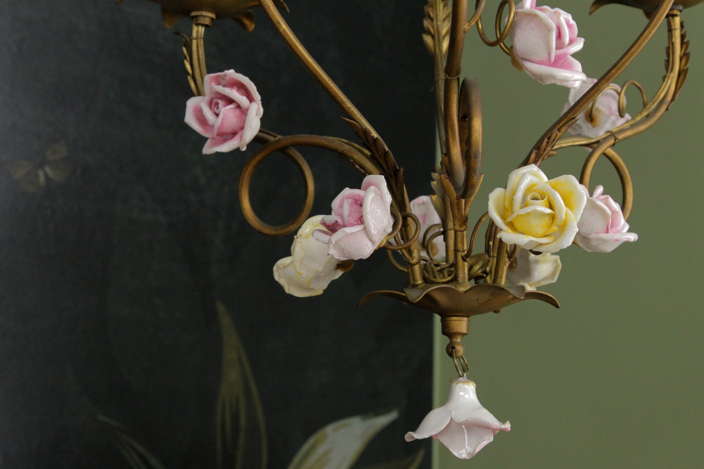 Italian Florentine Golden Metal Three-Light Chandelier with Porcelain Roses, 1970s