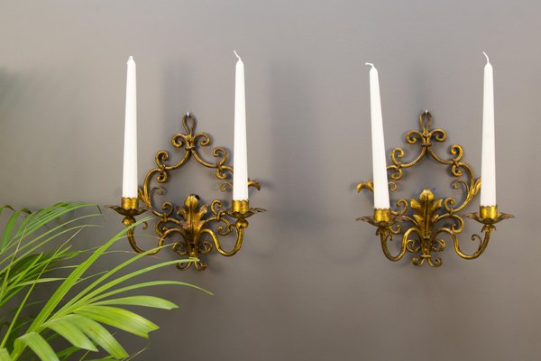 Italian Florentine Style Golden Color Candle Wall Sconces, Set of 2-KEG-1086621