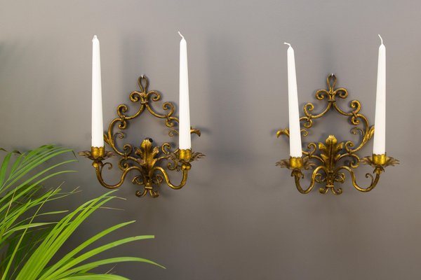 Italian Florentine Style Golden Color Candle Wall Sconces, Set of 2-KEG-1086621