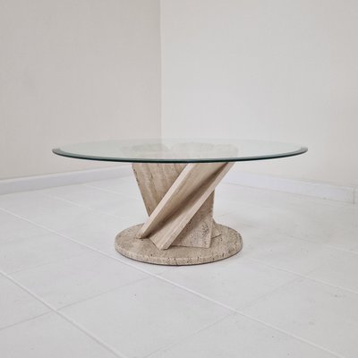 Italian Flower Coffee Table in Travertine with Facet-Cut Round Plate, 1980s-RQL-2038122