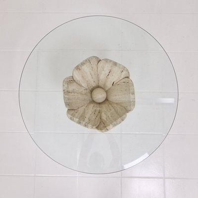 Italian Flower Coffee Table in Travertine with Facet-Cut Round Plate, 1980s-RQL-2038122