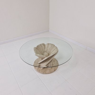 Italian Flower Coffee Table in Travertine with Facet-Cut Round Plate, 1980s-RQL-2038122