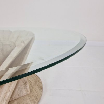 Italian Flower Coffee Table in Travertine with Facet-Cut Round Plate, 1980s-RQL-2038122