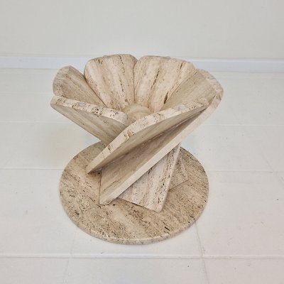 Italian Flower Coffee Table in Travertine with Facet-Cut Round Plate, 1980s-RQL-2038122