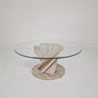 Italian Flower Coffee Table in Travertine with Facet-Cut Round Plate, 1980s-RQL-2038122