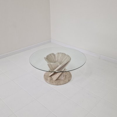 Italian Flower Coffee Table in Travertine with Facet-Cut Round Plate, 1980s-RQL-2038122