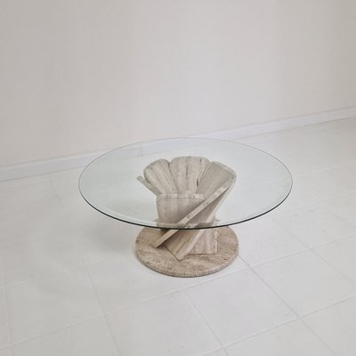 Italian Flower Coffee Table in Travertine with Facet-Cut Round Plate, 1980s-RQL-2038122