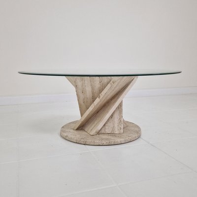 Italian Flower Coffee Table in Travertine with Facet-Cut Round Plate, 1980s-RQL-2038122