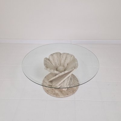 Italian Flower Coffee Table in Travertine with Facet-Cut Round Plate, 1980s-RQL-2038122