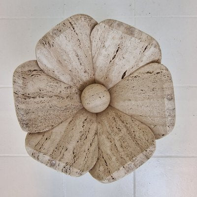 Italian Flower Coffee Table in Travertine with Facet-Cut Round Plate, 1980s-RQL-2038122