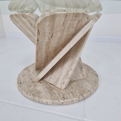 Italian Flower Coffee Table in Travertine with Facet-Cut Round Plate, 1980s-RQL-2038122