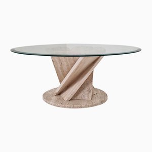 Italian Flower Coffee Table in Travertine with Facet-Cut Round Plate, 1980s-RQL-2038122