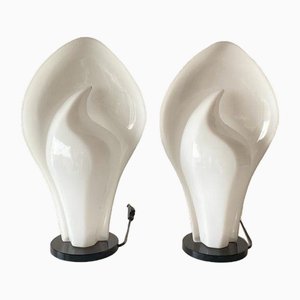 Italian Flower Design White Acrylic Glass Table Lamps, Italy, 1970s, Set of 2-RDS-1739492