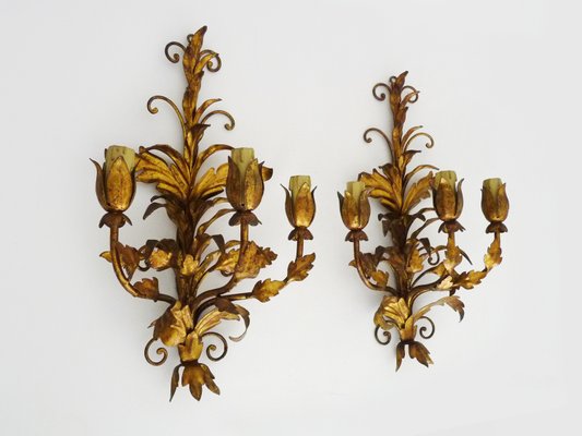 Italian Flower Foliage Wall Lights with 3 Arms Gilded with Gold Leaf, 1950s, Set of 2-MZP-2034886