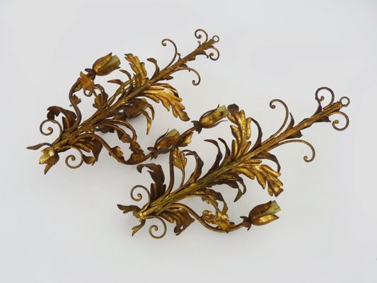 Italian Flower Foliage Wall Lights with 3 Arms Gilded with Gold Leaf, 1950s, Set of 2-MZP-2034886