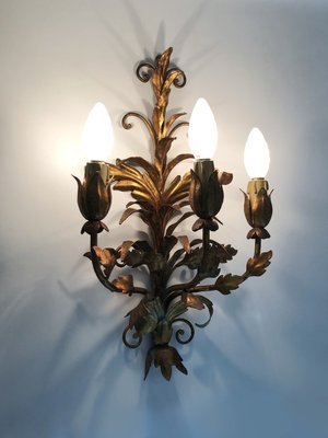 Italian Flower Foliage Wall Lights with 3 Arms Gilded with Gold Leaf, 1950s, Set of 2-MZP-2034886