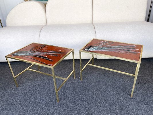 Italian Fontana Style Brass and Ceramic Side Tables, 1970s, Set of 2-FUE-924382