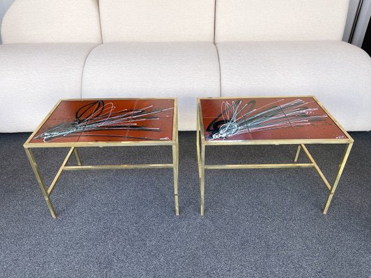 Italian Fontana Style Brass and Ceramic Side Tables, 1970s, Set of 2-FUE-924382