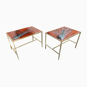 Italian Fontana Style Brass and Ceramic Side Tables, 1970s, Set of 2-FUE-924382