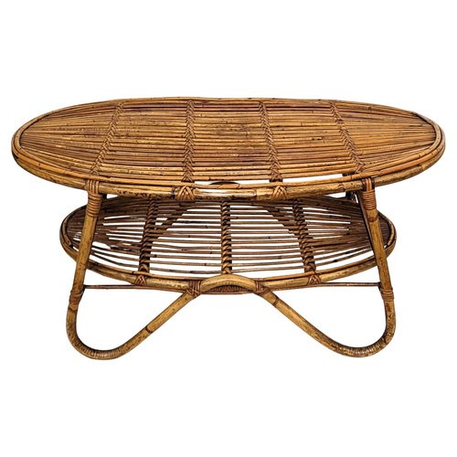 Italian French Riviera Oval Bamboo & Rattan Bohemian Coffee or Accent Table, 1960s