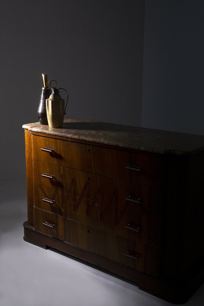 Italian Futurist Chest of Drawers in Marble and Wood with Iconographic Inlay, 1915