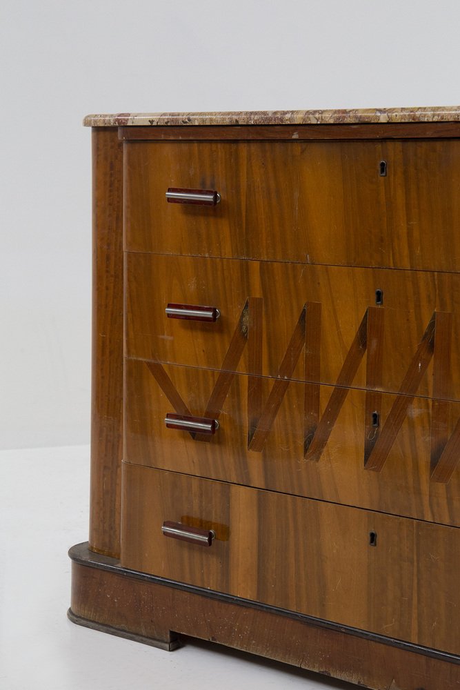 Italian Futurist Chest of Drawers in Marble and Wood with Iconographic Inlay, 1915