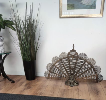 Italian Gilt Brass Pierced Folding Peacock Fan Fireplace Screen or Fire Screen-EUP-1051087