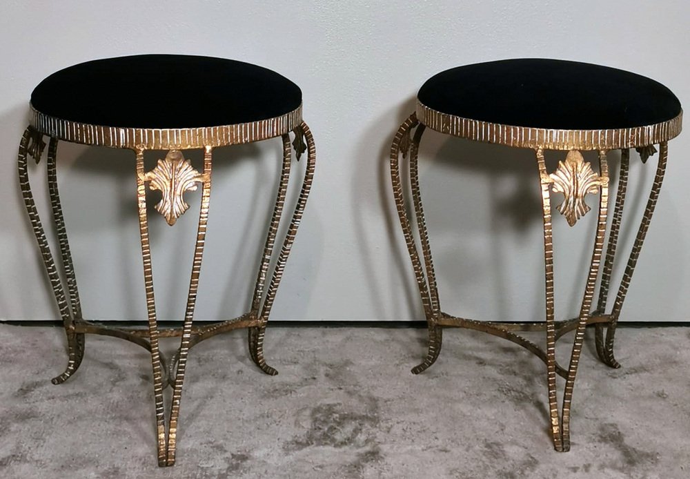 Italian Gilt Iron and Velvet Stools by Pier Luigi Colli, 1950, Set of 2