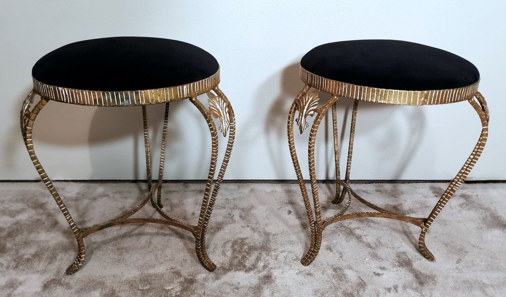 Italian Gilt Iron and Velvet Stools by Pier Luigi Colli, 1950, Set of 2