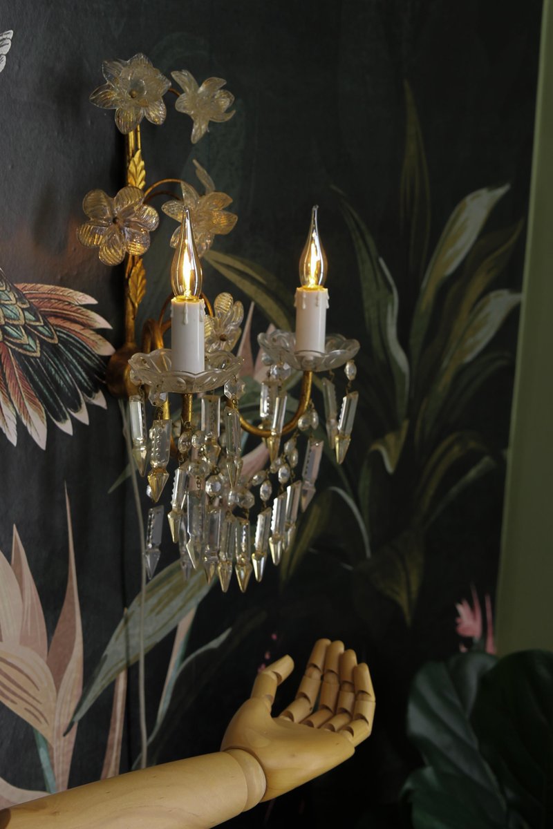 Italian Gilt Metal Two-Light Sconce with Crystal Glass Flowers and Prisms, 1970s