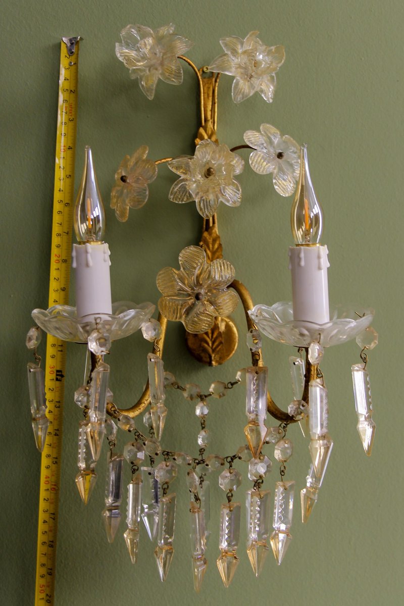 Italian Gilt Metal Two-Light Sconce with Crystal Glass Flowers and Prisms, 1970s