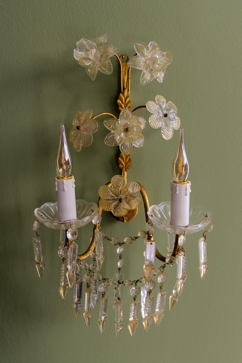 Italian Gilt Metal Two-Light Sconce with Crystal Glass Flowers and Prisms, 1970s