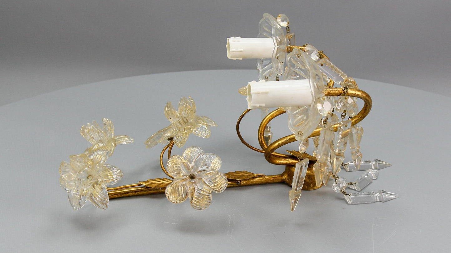 Italian Gilt Metal Two-Light Sconce with Crystal Glass Flowers and Prisms, 1970s