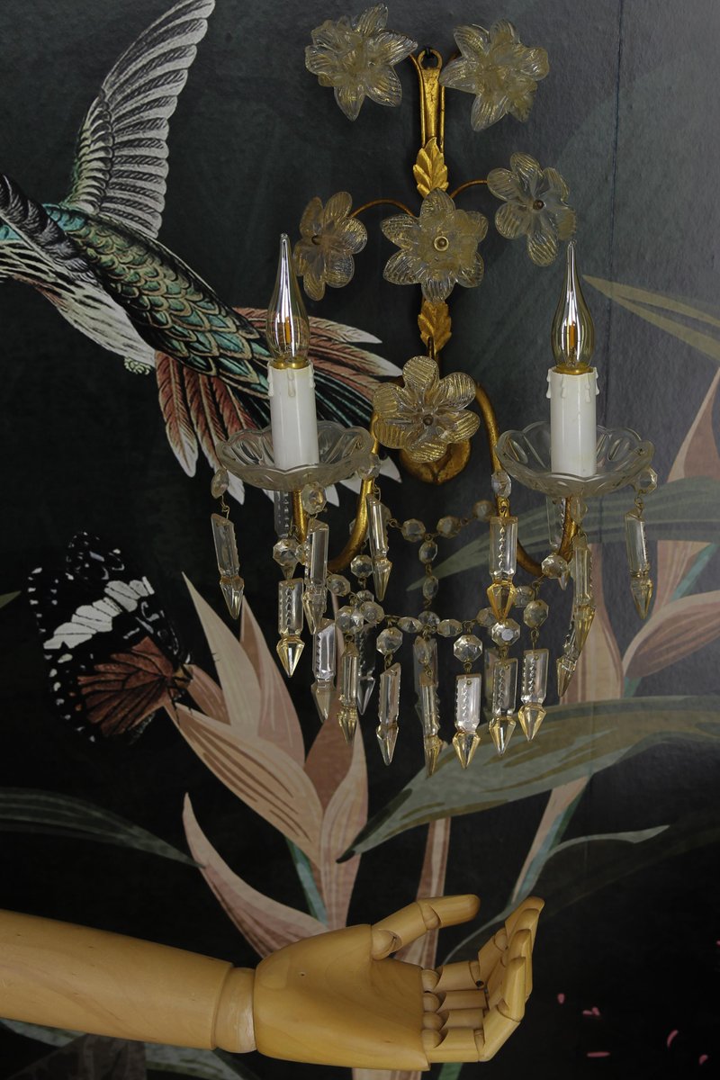 Italian Gilt Metal Two-Light Sconce with Crystal Glass Flowers and Prisms, 1970s