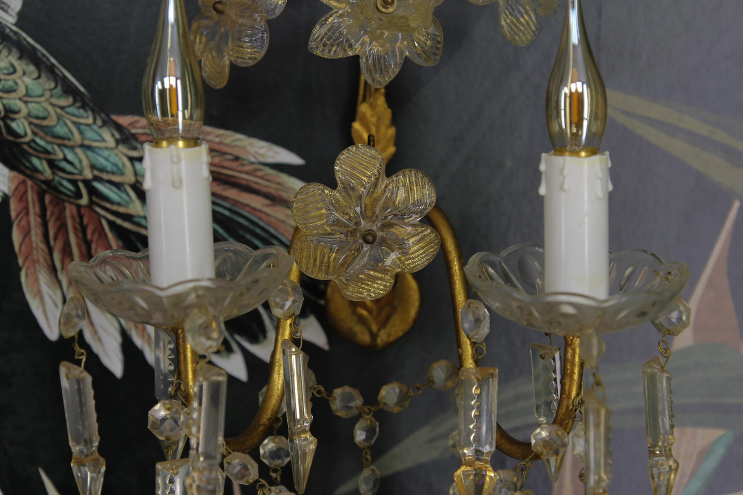 Italian Gilt Metal Two-Light Sconce with Crystal Glass Flowers and Prisms, 1970s