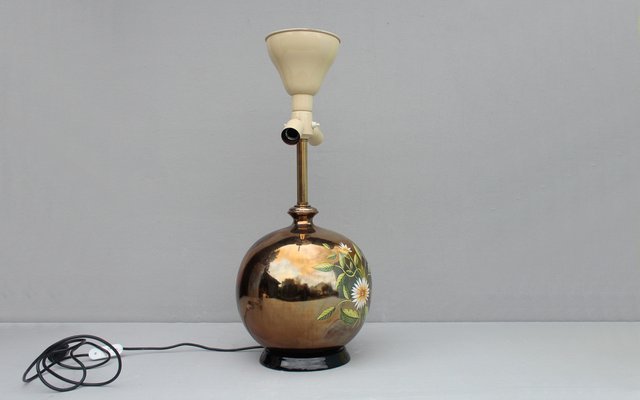 Italian Gilt Pottery Table Lamp with Floral Decor from Ghinza, 1970s-DUM-1742659