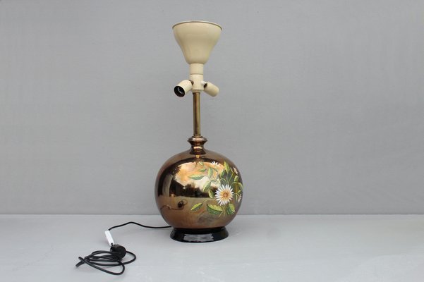 Italian Gilt Pottery Table Lamp with Floral Decor from Ghinza, 1970s-DUM-1742659